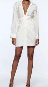 Cider Draped Mini Dress Ivory Split V Neck Long Sleeve Side Zip Size L - Picture 1 of 11