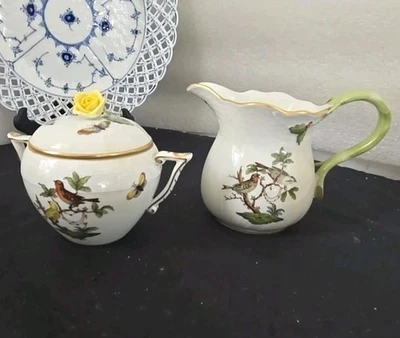 HEREND ROTHSCHILD PÁJARO CREMA GRANDE Y AZUCARERO CUBIERTO AMARILLO ROSA HUNGRÍA Foto 1 de 4