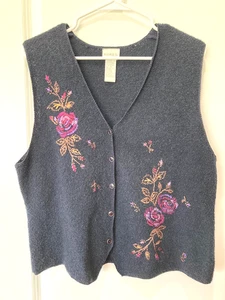 VINTAGE Koret Womens Size M Knit Sweater Vest Embroidered Floral Grannycore - Picture 1 of 5