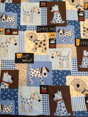 JO-ANN Cheater Quilt Fabric I SPY Patchwork Puppy Dogs Blue Brown Gingham White BTHY 44