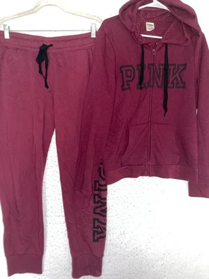 Victoria Secret PINK Burgundy Full Zip Hoodie Jogger Pants Set Womens L Fleece - Image 1 of 4