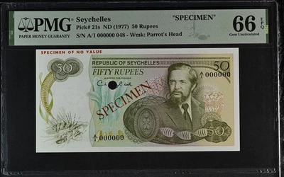 Seychelles 50 Rupees Specimen 1977 P21s PMG Gem Uncirculated 66 EPQ  - Image 1 of 4