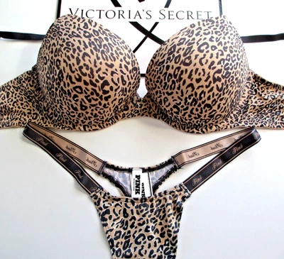 VICTORIA'S SECRET PINK Super Push-Up Bra & Panty Set VS Leopard 36D 38B 38C 38D - Image 1 of 4