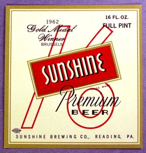 Sunshine Brewing Co. SUNSHINE 16 - Etichetta BIRRA PREMIUM PA 16 oz medaglia d'oro 1962 - Foto 1 di 1