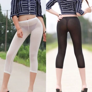 Women See-Through Cropped Pants High-Elastic Ice Silk Leggings/Transparent - Picture 1 of 18