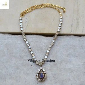 Collana Diamante Polki Naturale 21" Pietra Preziosa Tanzanite Argento 925 Regalo Placcato Oro - Foto 1 di 3