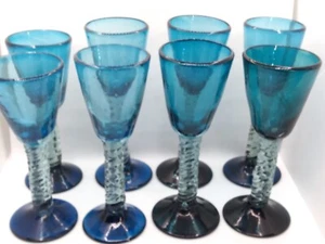 Set of 8 Hand blown blue tone art glas wonky odd unique candle wine goblets READ - Picture 1 of 22
