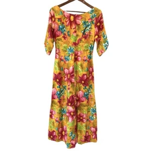 Vintage Reef Hawaii Floral Maxi Dress Yellow Pink Aloha Muumuu 60s 70s - Picture 1 of 11