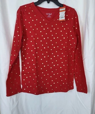 Camisa Cat & Jack NUEVA CON ETIQUETAS Niñas Rojo Dorado Estampado de Estrellas Manga Larga Cuello en V Talla L 10/12 Foto 1 de 4