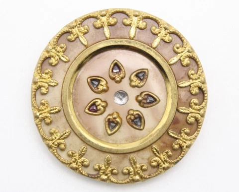 1.26" Victorian Celluloid Starburst Button Colored Glass Rhinestone Faux Abalone Cover