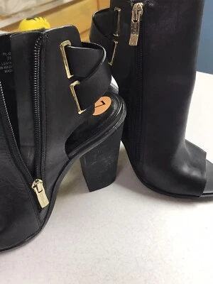 Boots Peep Toe Size 7 Stacked Heel Black Leather Gold Buckles Boot Sexy Edgy - Image 1 of 4