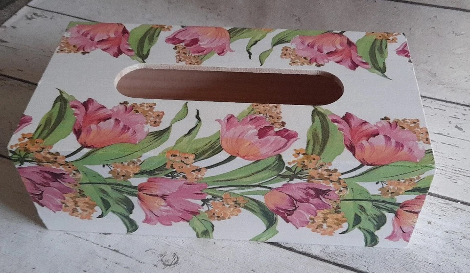 Flowers Rectangular Long Tissue Box Cover Handcrafted wooden decoupaged - Image 1 of 1