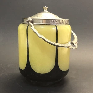 Pot à biscuits en verre à fond jaune, décor peint en noir, (H 18 cm) - Picture 1 of 12