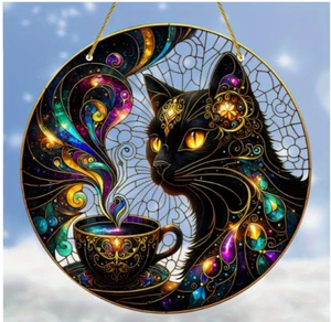 Schwarze Katze Sonnenfänger Halloween Fenster Ornament ACRYL 8 Zoll kostenloser Versand - Bild 1 von 2