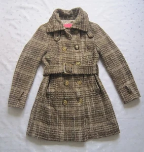 Betsey Johnson Woven Plaid Browns Double Breasted Wool Blend Belted Coat ~Size S - Picture 1 of 12