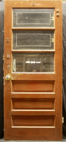32"x79" Antique Vintage Old SOLID Wood Wooden Entry Door 3 Window Glass 3 Panels Cover