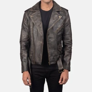 Men's Asymmetrical Allaric Alley Distressed Brown Leather Biker Jacket - Picture 1 of 4