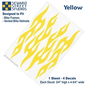 Set of 4 Yellow Flame Bike Decals, Retro Fire Bicycle Helmet Stickers Kit #876 - Picture 1 of 3