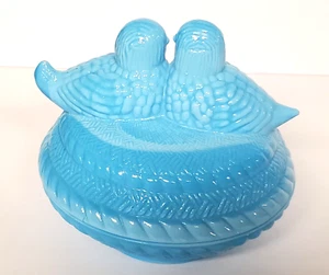 Blue Milk Glass Love Birds On Nest Candy Dish Bowl Vintage - Picture 1 of 10
