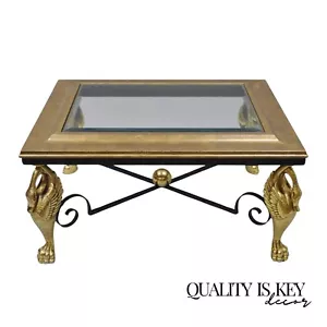 Regency Style Figural Swan Base Rectangular Iron and Glass Gold Coffee Table (A) - Picture 1 of 10