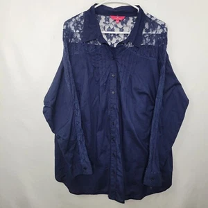 Together Blue Lace Trimmed 100% Cotton LS Button Up Shirt Women's Plus Size 22 - Picture 1 of 10