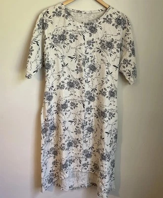 Handmade 100% Linen Dress Cottagecore Art To Wear Beige Floral Artsy Lagenlook M - Image 1 of 4
