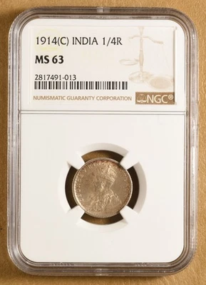 Rupia India 1914 C 1/4 NGC MS63 Foto 1 de 4
