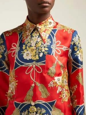 全新 正品 GUCCI 花朵和流苏印花 100% 真丝斜纹衬衫 38 US-0/2 XS — 第 1/4 张图片