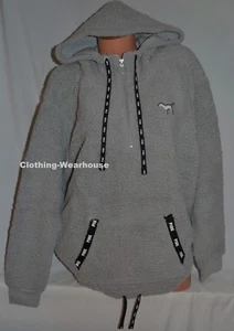 Victoria's Secret PINK Sherpa Quarter Half Zip Pullover Jacket Hoodie Grey S NEW - Picture 1 of 4