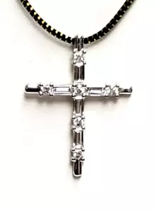 Stunning Platinum Baguette Diamond Cross Pendant With Round Diamond Accents - Picture 1 of 8
