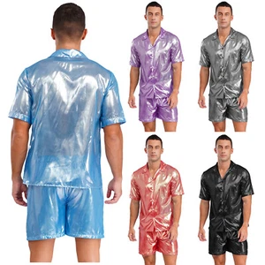 Men 2Pc Shiny Glossy Semisheer Button Down Shirts And Shorts Pajama Set Summer - Picture 1 of 55
