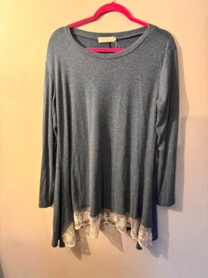 Mujer Wekili Azul Manga Larga Cuello Redondo con Ribete de Encaje Túnica Talla Mediana Foto 1 de 4