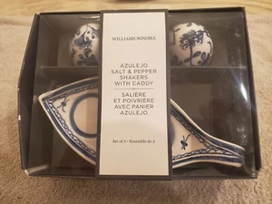Williams Sonoma Azulejo Salt & Pepper Shakers with Caddy Blue White Portuguese - Picture 1 of 3