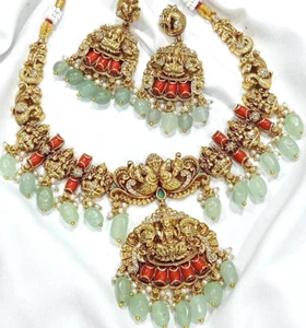 South Indian Temple Kemp Stone Jewelry Set Antique CZ Gold Plated Haram Necklace - Picture 1 of 2