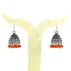 Earrings Natural Carnelian Gemstone Handmade Beaded Oxidized Jhumki Jewelry - Picture 1 of 2
