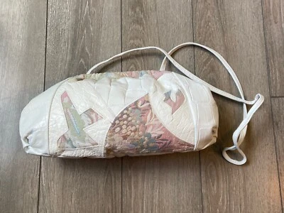 Vintage 80s Fifth Avenue Handbag White Leather Tapestry Patchwork Bag Pastel - Image 1 of 4