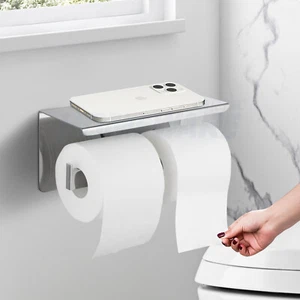 Wall Double Toilet Paper Roll Holder Hook Cover Shelf Thickened Stainless Steel - Picture 1 of 6