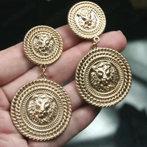 CLIP ON large MATT GOLD EARRINGS big LIONS textured metal MEDALLION vintage styl - Picture 1 of 4