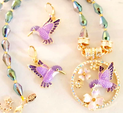 NWOT KIRKS FOLLY MAGNETIC AB CRYSTAL BEADED HUMMINGBIRD EARRINGS & NECKLACE SET - Image 1 of 4