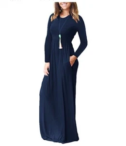 Marineblaues schickes und einfaches Damen-Maxikleid mit langen Ärmeln und Taschen neu mit Etikett - Bild 1 von 3