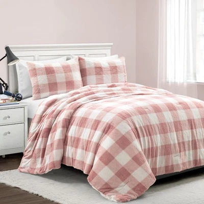 Plaid Soft Fluffy Faux Fur Comforter Set, Twin, Blush - Plush Light Weight Al... - Image 1 of 4