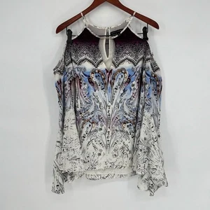 WHBM Whimsical Paisley White Purple Cold Shoulder Blouse Sz 12 Boho Y2K Hippie - Picture 1 of 7