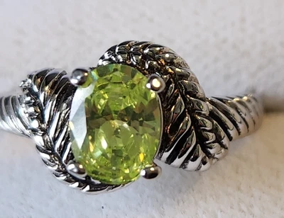 Very Pretty Silver Tone Ring with Green Peridot-Colored Stone – Size 8 - Image 1 of 4