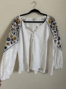 Sundance Boho-Top weiß Blumen bestickt Leinen Baumwolle Langarm L - Bild 1 von 6