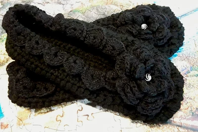 New Small Handmade Crocheted Women's Bedroom House Slippers Black Rose Beads - Image 1 of 4