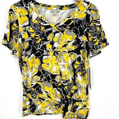 Laura Ashley NWT Floral Yellow Black Print Top Rhinestone Accent Size L - Image 1 of 4