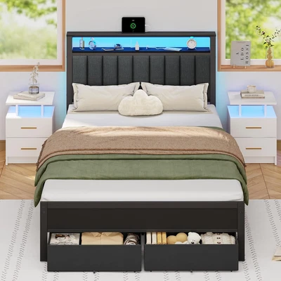 Full Size Bed Frame with Charging Station and LED Lights, Grey Upholstered Headb