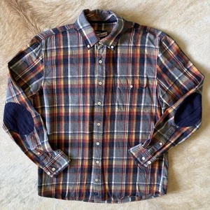 Johnnie O Shirt Men Medium Harley Surf Orange Blue Plaid Flannel Elbow Patch - Picture 1 of 19