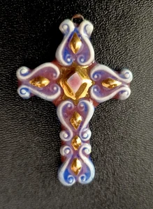 Ancienne Croix En Céramique Émaillé Doré - Picture 1 of 8