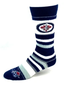 Winnipeg Jets Hockey Women's Navy & White Fuzzy Stripe Crew Socks - Picture 1 of 2